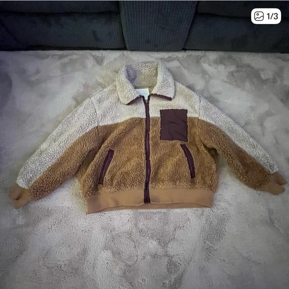 American Eagle Brown and Cream Sherpa Jacket Large Zip Up Coat Pockets Two Tone - Picture 2 of 4
